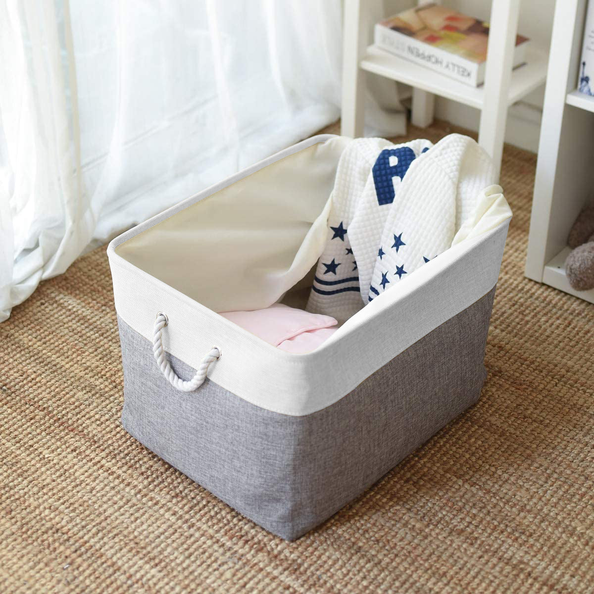 Mangata Storage Box set of 3, Canvas Fabric Storage Baskets with Handles for Cupboards, Wardrobe, Shelves, Bathroom, Clothes, Toys, Towel
